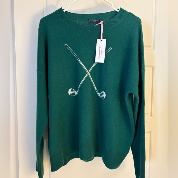 Vineyard Vines Turf Green 100% Cashmere Sweater With Golf Motif (NWT) Large